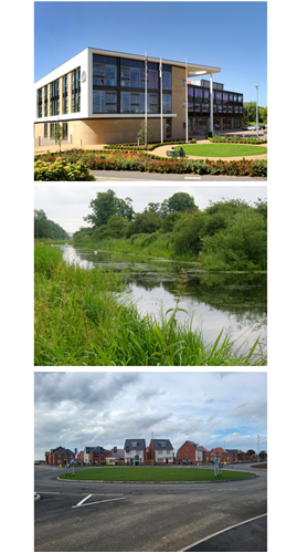 Theme four Parkside offices, countryside river and a housing estate