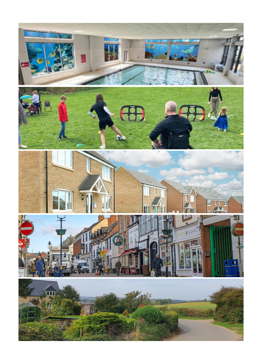 Vision '36 showcasing a swimming pool, youth sports activities, housing, Melton Mowbray Town Centre and rural village