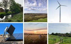 images of Melton, solar panels and a wind turbine