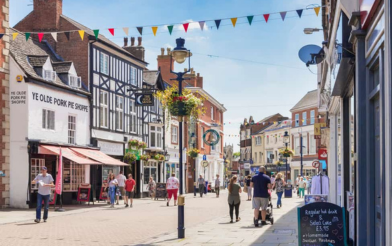 Town centre with pork pie shop and bell centre