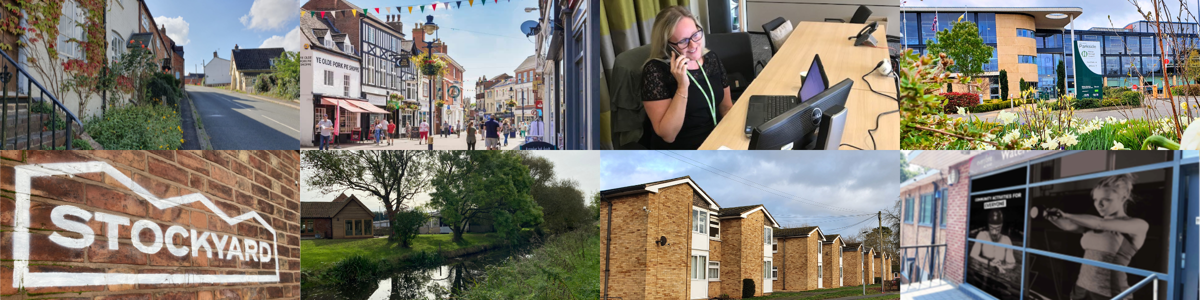 Corporate Strategy banner showcasing rural areas, melton mowbray town centre, customer services team, parkside offices, stockyard, housing and Waterfield leisure centre.