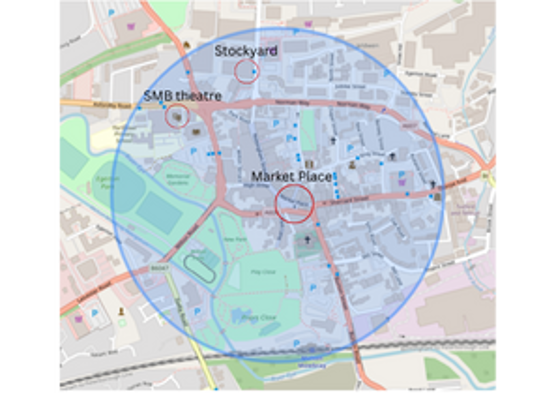 Map of Melton Mowbray showing the Market place, Stockyard and SMB theatre