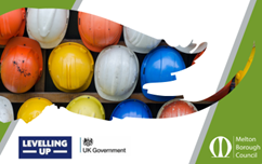 Construction site hats with levelling up, UK government and the Melton Borough Council logo